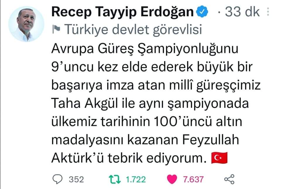 Cumhurbaşkanı Erdoğan Feyzullah Aktürk’ü tebrik etti