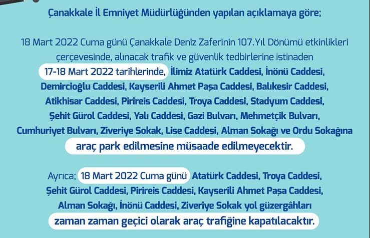 Dikkat! 18 Mart günü bazı sokak ve caddeler araç trafiğine kapatılacak