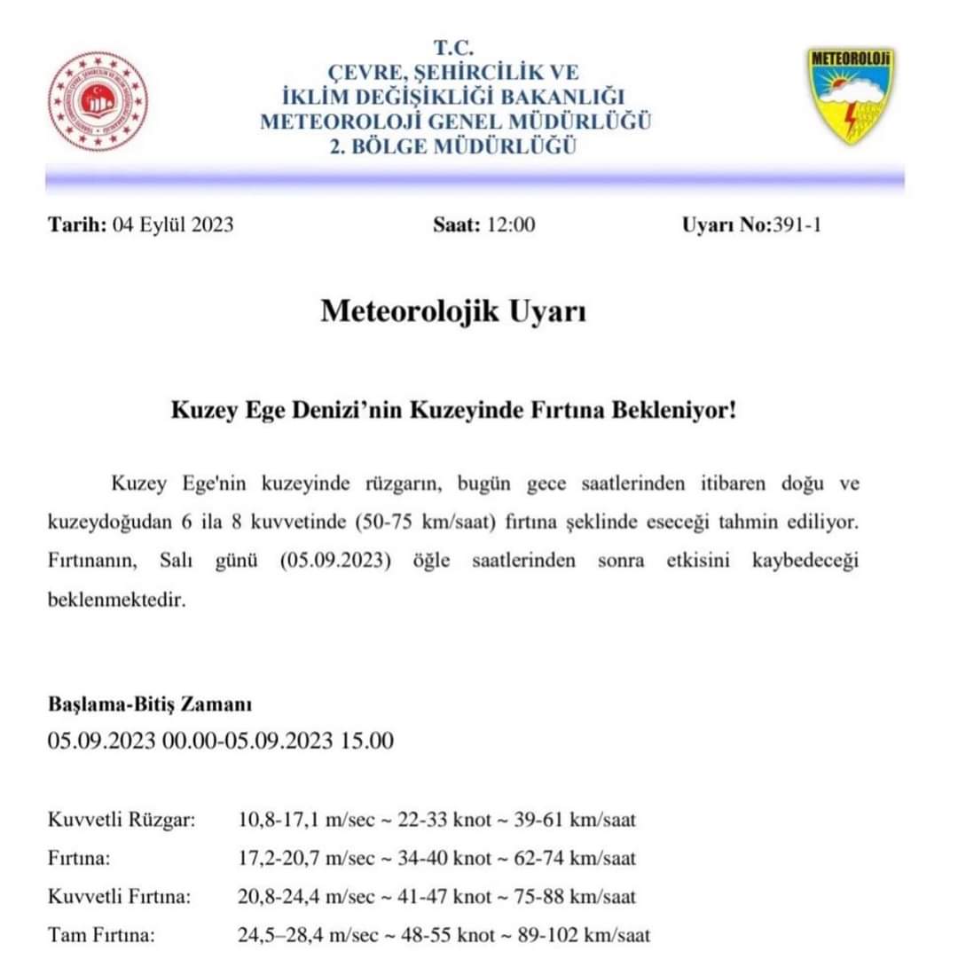 Kuzey Ege’de fırtına uyarısı